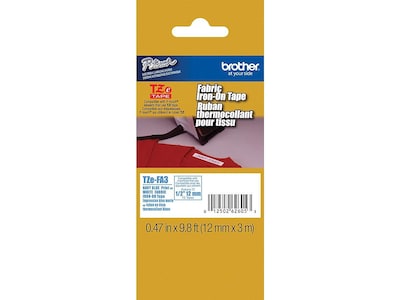 Brother P-touch TZe-FA3 Fabric Iron-on Label Maker Tape, 1/2 x 9-8/10, Navy Blue on White (TZe-FA3