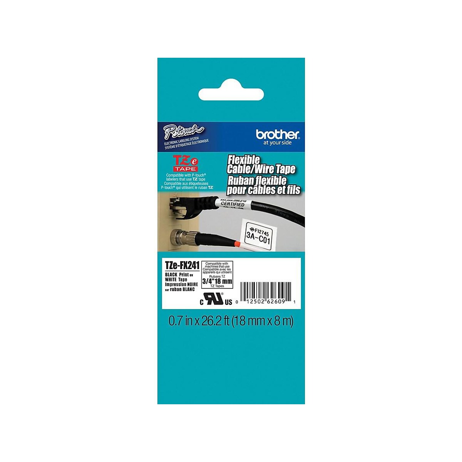 Brother P-touch TZe-FX241 Laminated Flexible ID Label Maker Tape, 3/4 x 26-2/10, Black on White (TZe-FX241)