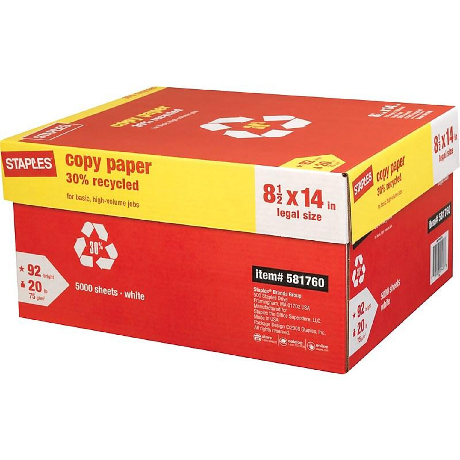 Staples 30% Recycled Copy Paper, 8.5 x 14, 20 lbs., White, 500 Sheets/Ream, 10 Reams/Carton (112380)