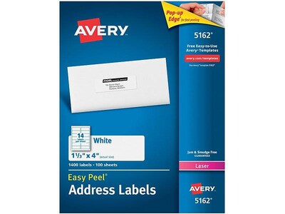 Avery Easy Peel Laser Address Labels, 1 1/3 x 4, White, 14/Sheet, 100 Sheets/Pack, 5 Packs/Carton
