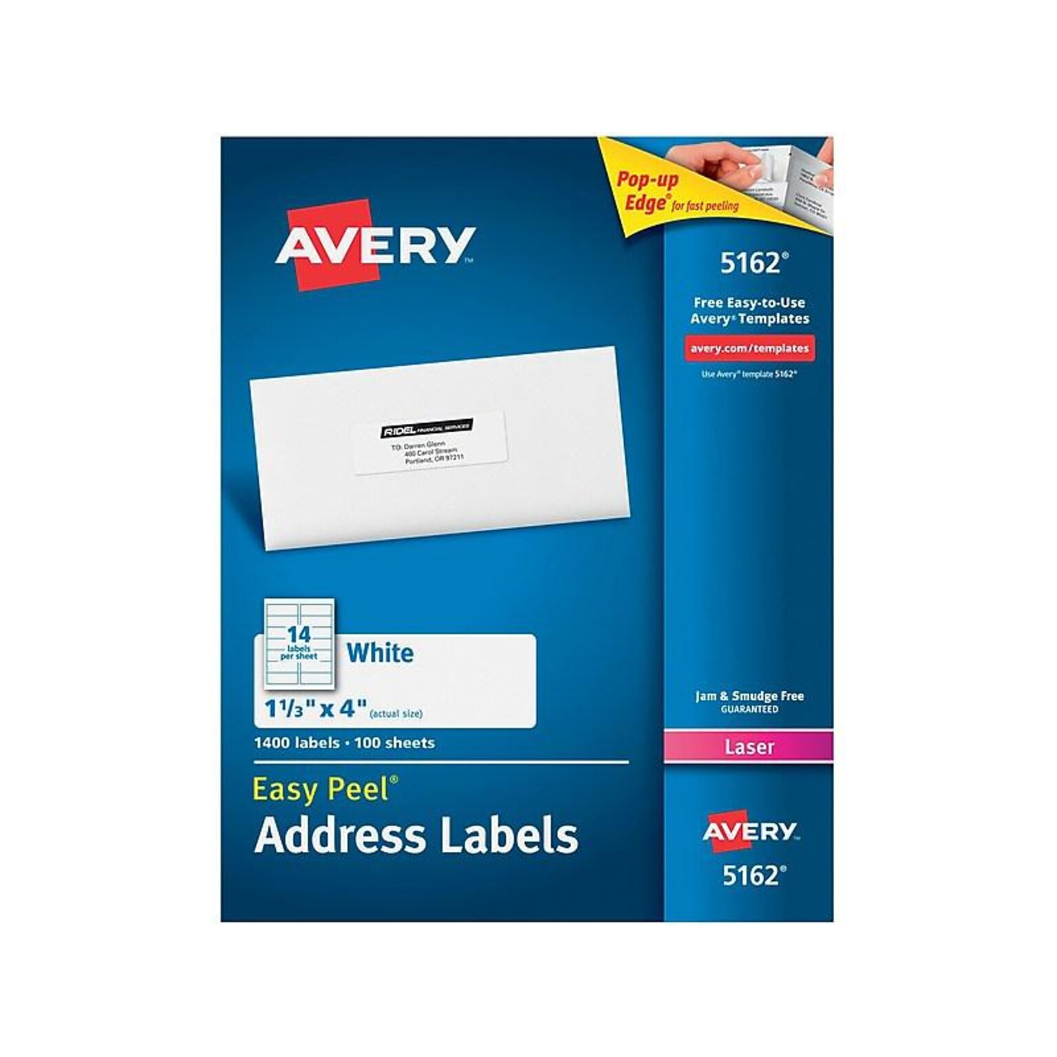 Avery Easy Peel Laser Address Labels, 1 1/3 x 4, White, 14/Sheet, 100 Sheets/Pack, 5 Packs/Carton (5162CT)