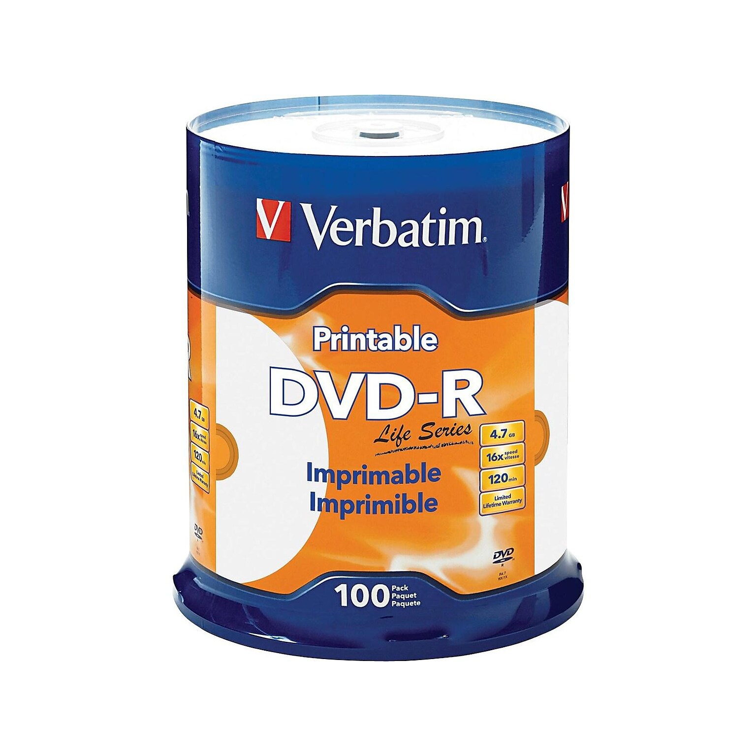 Verbatim Life Series 98491 16x DVD-R, White Inkjet Printable, Hub Printable, 100/Pack