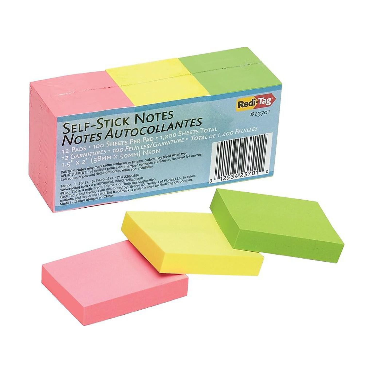 Redi-Tag Standard Notes, 1 1/2 x 2 Assorted Colors, 100 Sheets/Pad, 12 Pads/Pack (23701)