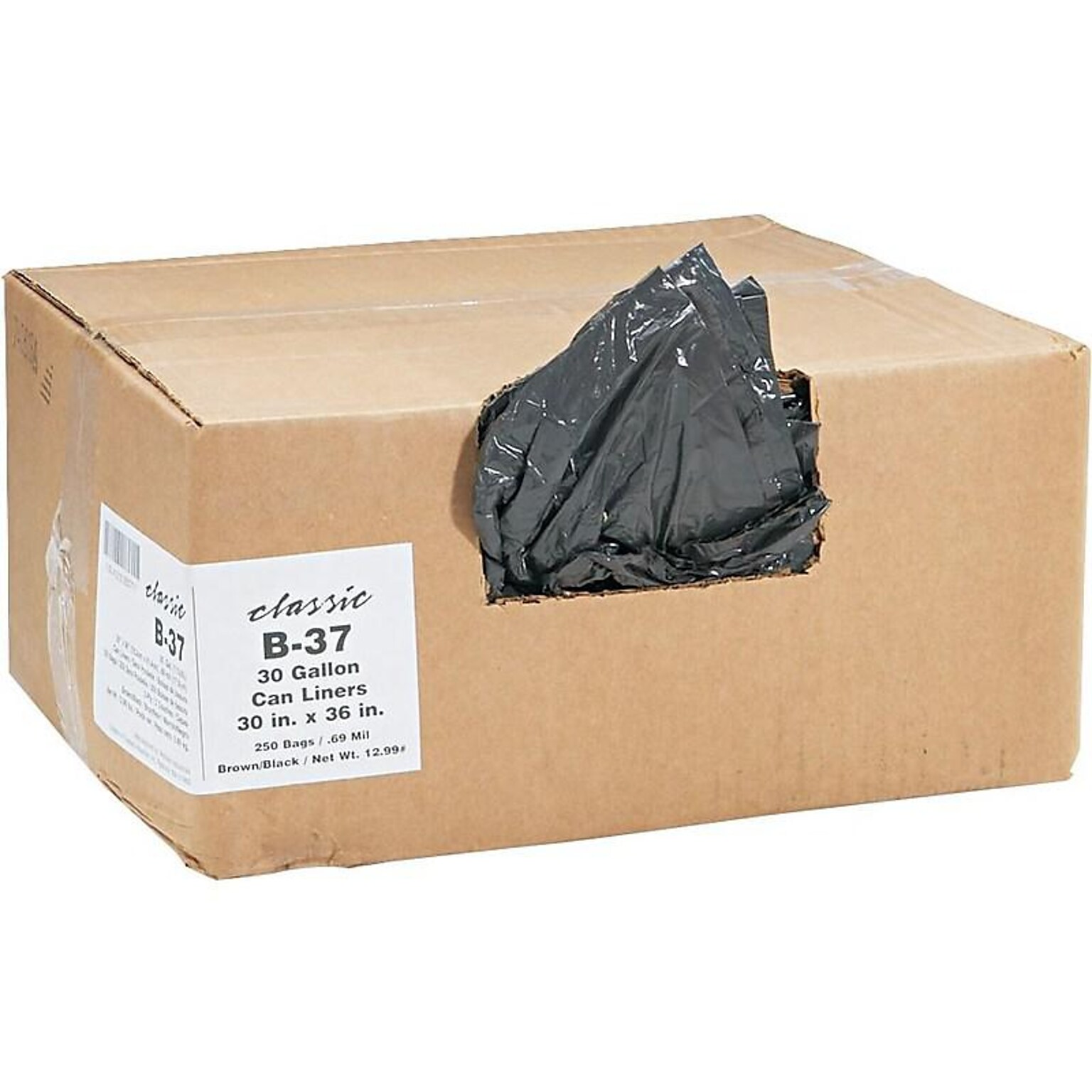 Berry Global Classic 30 Gallon Industrial Trash Bag, 30 x 36, Low Density, 0.6 mil, Black, 250 Bags/Box (WEBB37-790162)