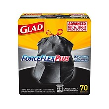 Glad ForceFlexPlus 30 Gallon Trash Bag, 5.31 x 10.06, Low Density, 0.90 mil, Black, 70/Box (70358)