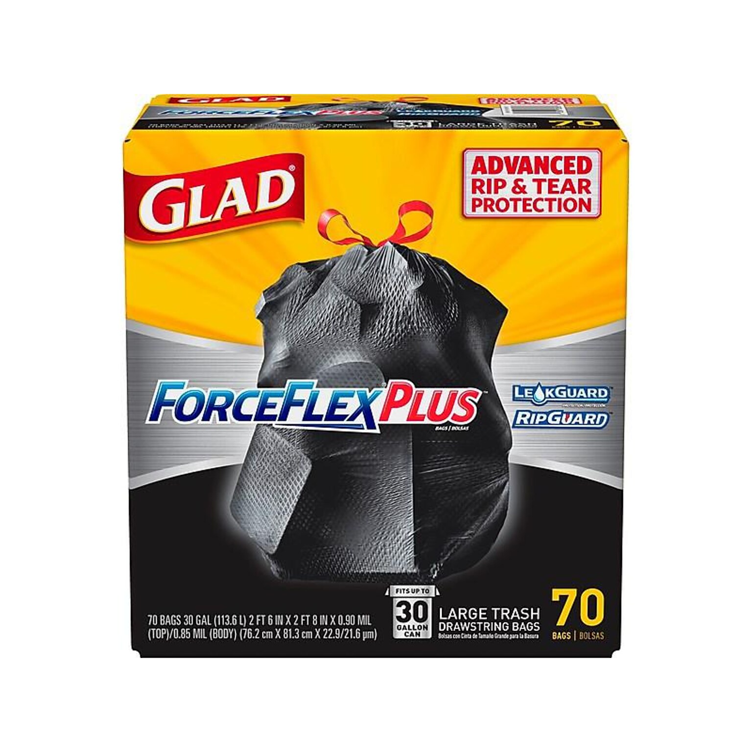 Glad ForceFlexPlus 30 Gallon Trash Bag, 5.31 x 10.06, Low Density, 0.90 mil, Black, 70/Box (70358)