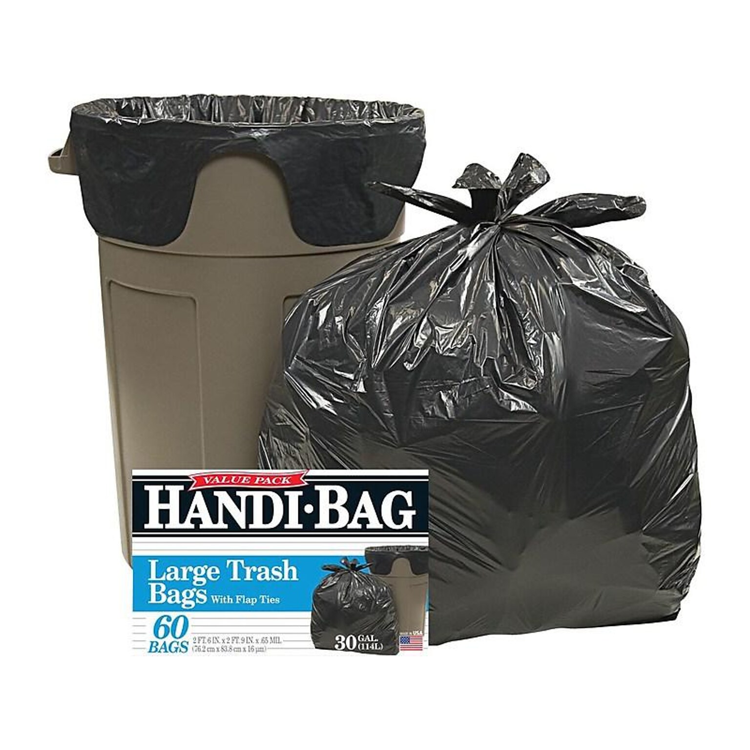Berry Global Handi-Bag 30 Gallon Industrial Trash Bag, 30 x 33, Low Density, 0.65 mil, Black, 60 Bags/Box (HAB6FT60)