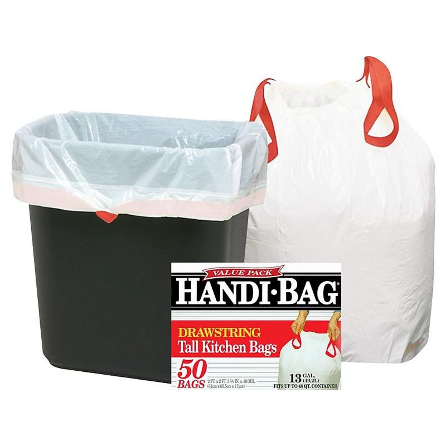 Berry Global Handi-Bag 13 Gallon Trash Bag, 24 x 27.38, Low Density, 0.6 mil, White, 50 Bags/Box (HAB6DK50)