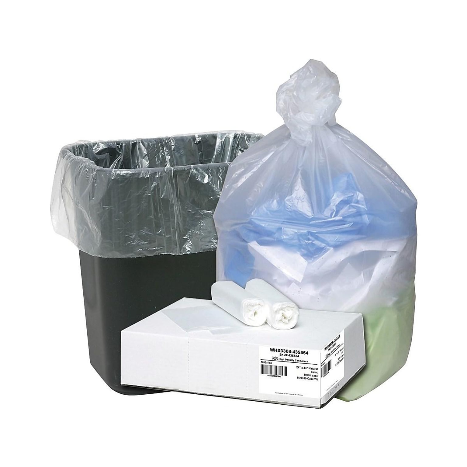 Berry Global Ultra Plus 16 Gallon Industrial Trash Bag, 24 x 32, High Density, 8 mic, Natural, 1000 Bags/Box (WHD 3308)