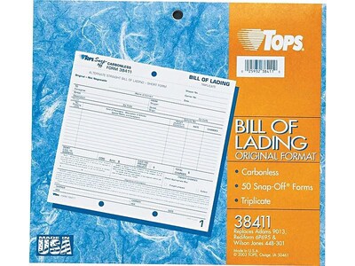 TOPS 3-Part Carbonless Bill of Lading, 8.5"L x 7"W, 50 Sets/Book (3841)