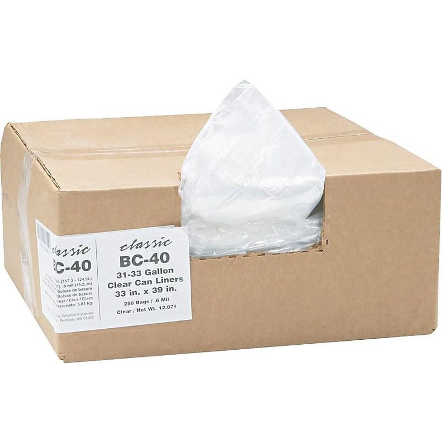 Berry Global Classic 33 Gallon Industrial Trash Bag, 33 x 39, Low Density, 0.6 mil, Clear, 250 Bags/Box (WEBBC40-538942)