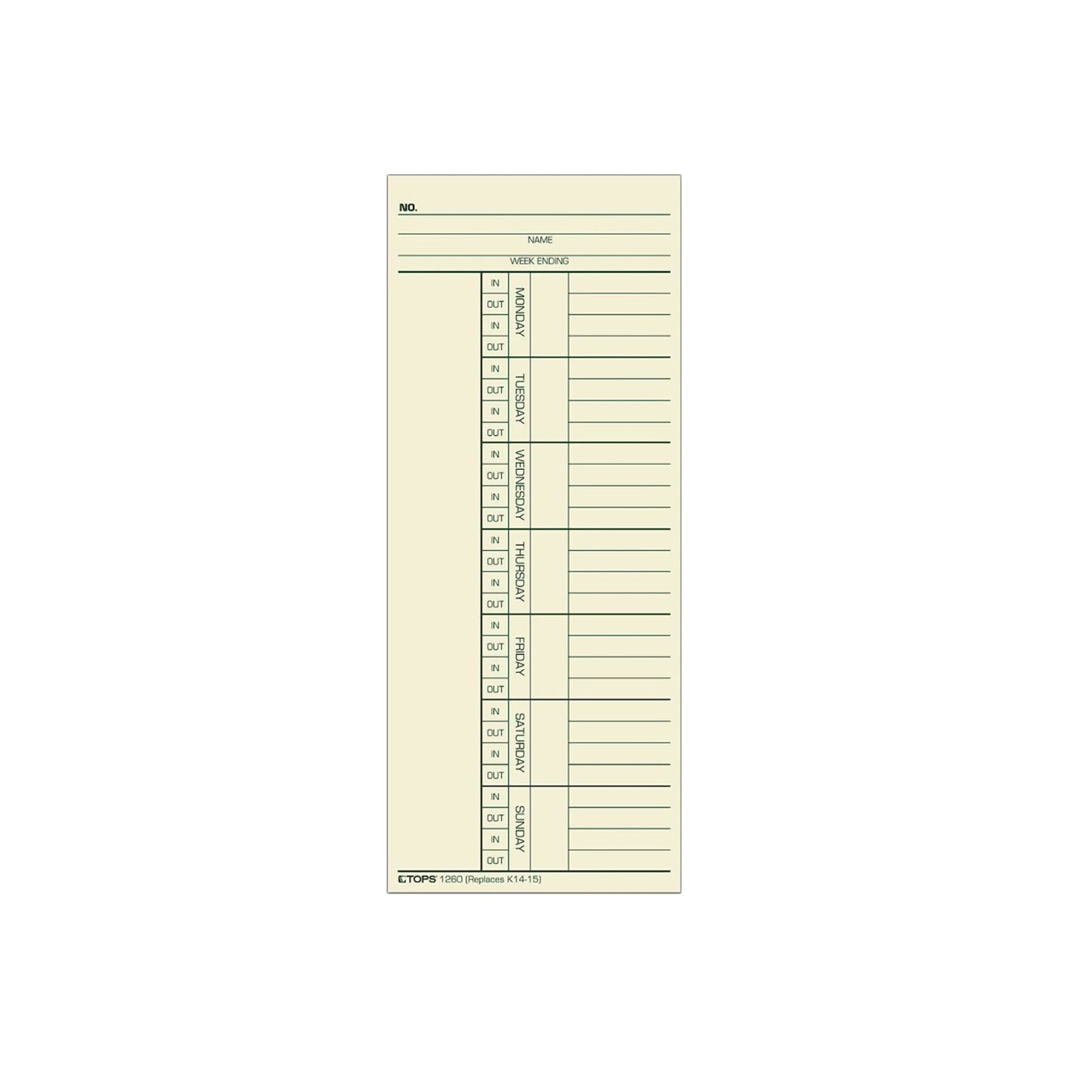 TOPS Time Cards for Acroprint 125, 150, 175, ES700, ES900, ESP180, Amano PIX, TCX Series Time Clock, 500/Box (1260)