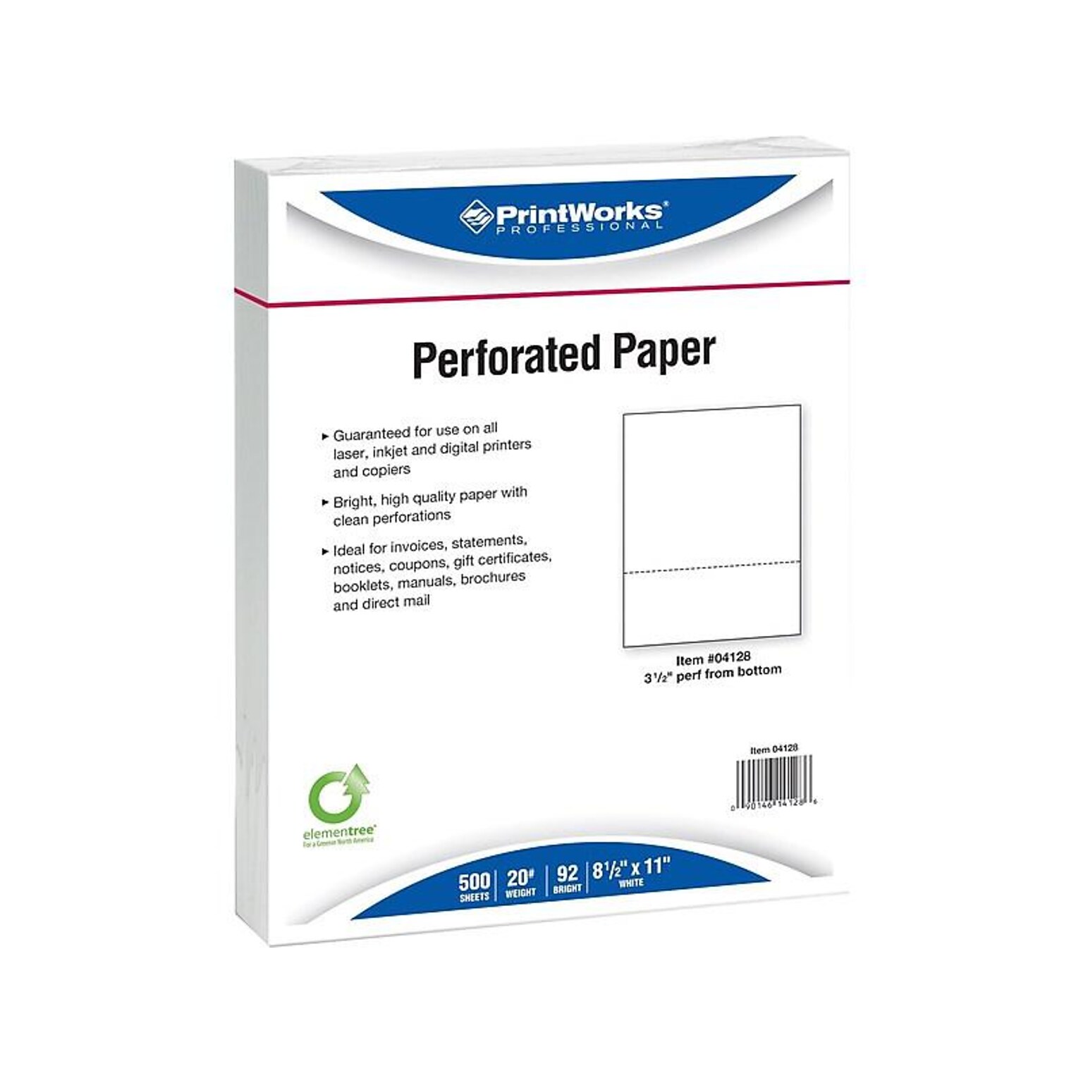 Printworks® Professional 8.5 x 11 Perforated Paper, 20 lbs., 92 Brightness, 2500 Sheets/Carton (04128)