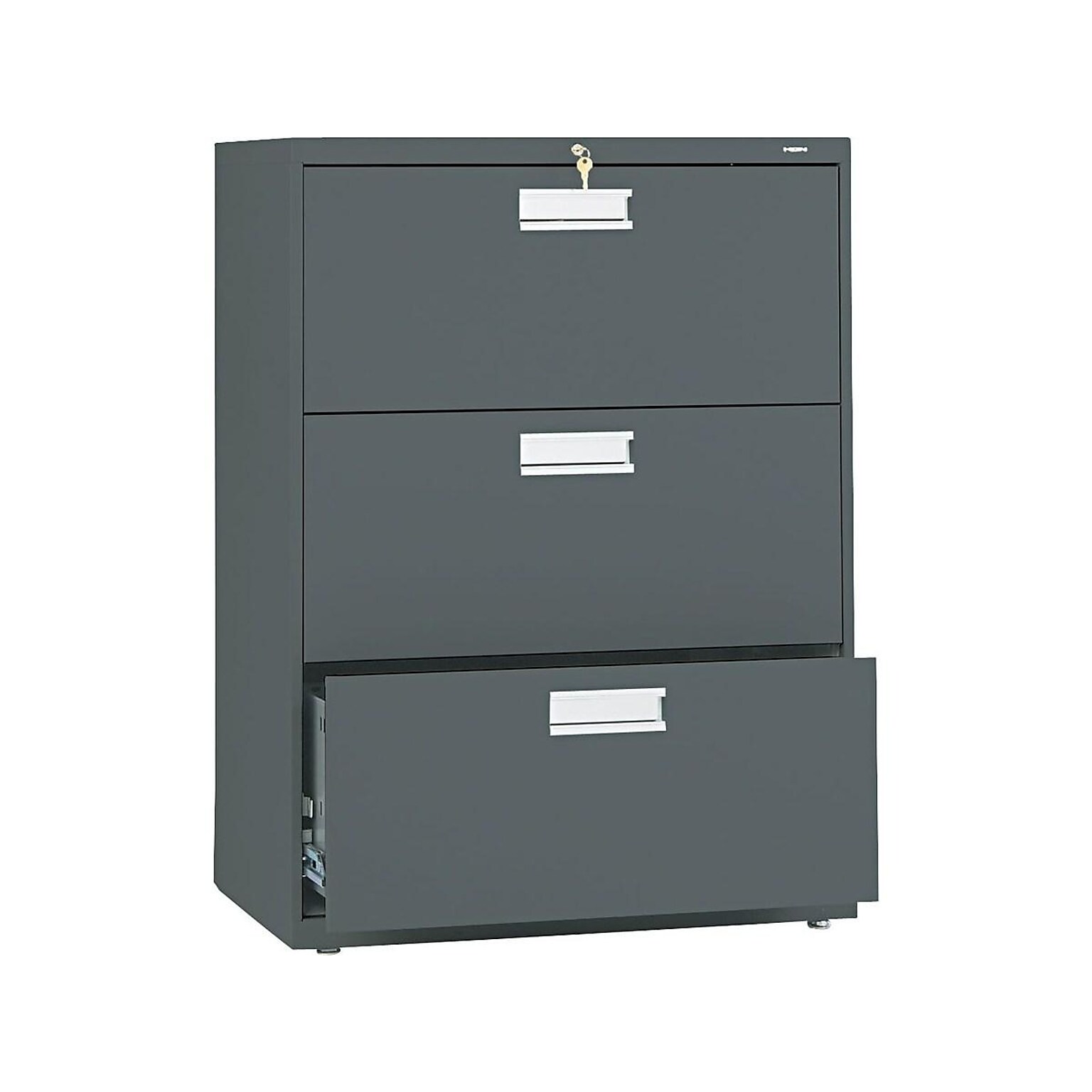 HON Brigade 600 Series 3-Drawer Lateral File Cabinet, Locking, Letter/Legal, Charcoal, 30W (H673.L.S)