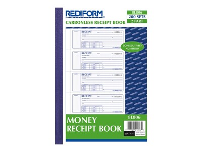 Rediform 2-Part Carbonless Money Receipt Book, 2.75" x 7", 200/Pack (8L806)