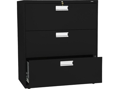 HON Brigade 600 Series 3-Drawer Lateral File Cabinet, Letter/Legal Size, Lockable, 40.88"H x 36"W x 19.25"D, Black (H683.L.P)