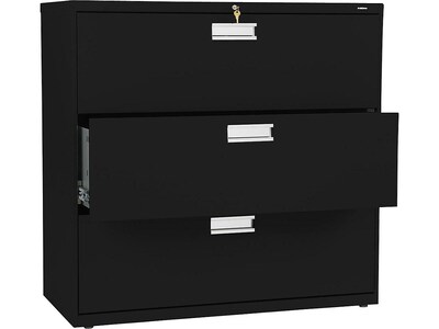 HON Brigade 600 Series 3-Drawer Lateral File Cabinet, Locking, Letter/Legal, Black, 42"W (H693.L.P)