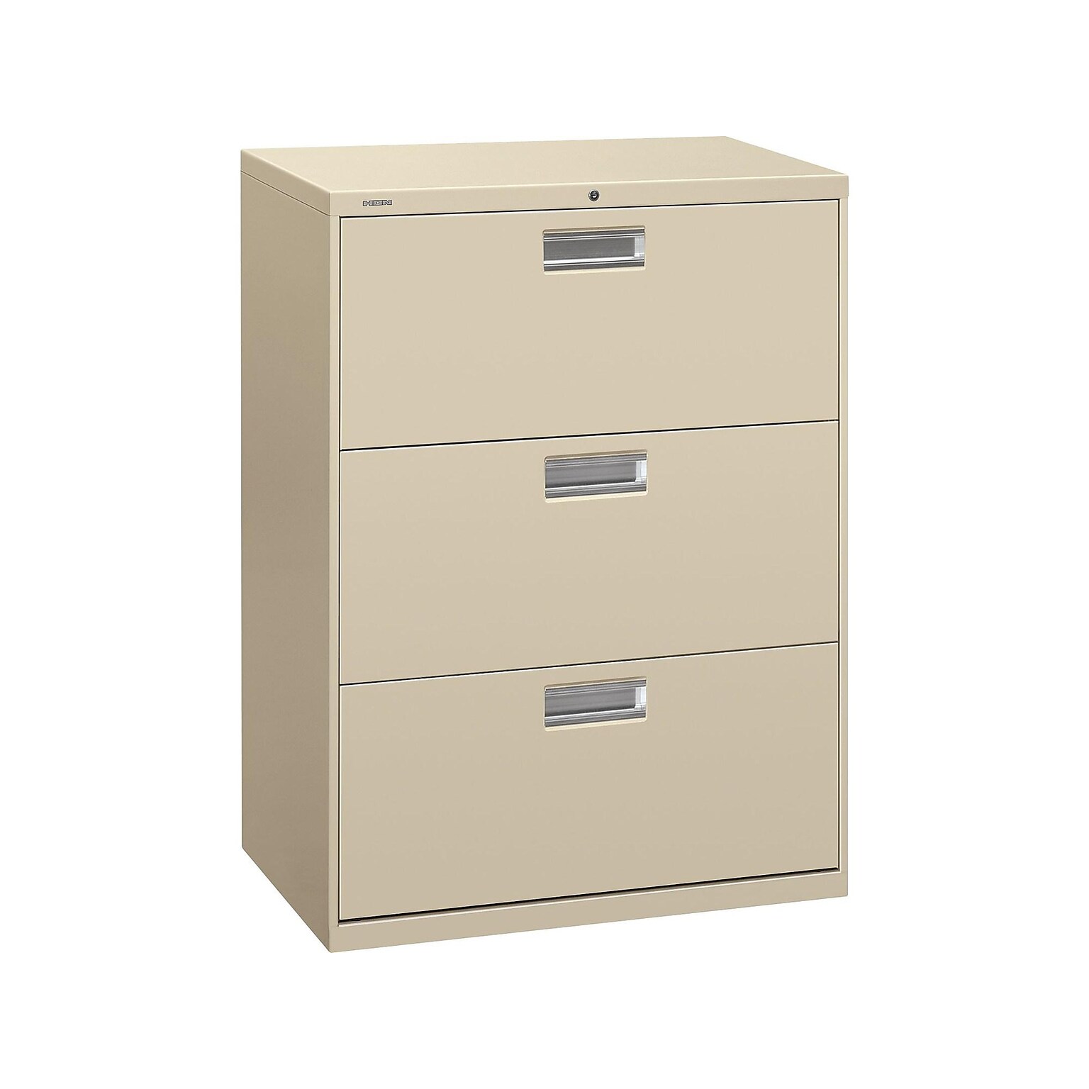HON Brigade 600 Series 3-Drawer Lateral File Cabinet, Locking, Letter/Legal, Putty/Beige, 30W (H673.L.L)