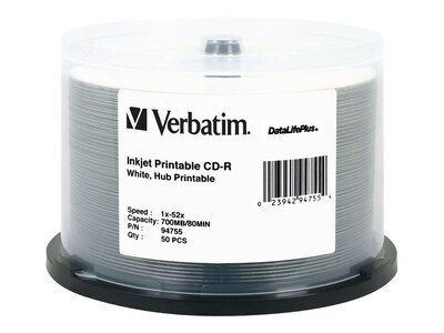 Verbatim DataLifePlus 94755 52x CD-R, White Inkjet Printable, Hub Printable, 50/Pack (VER94755)