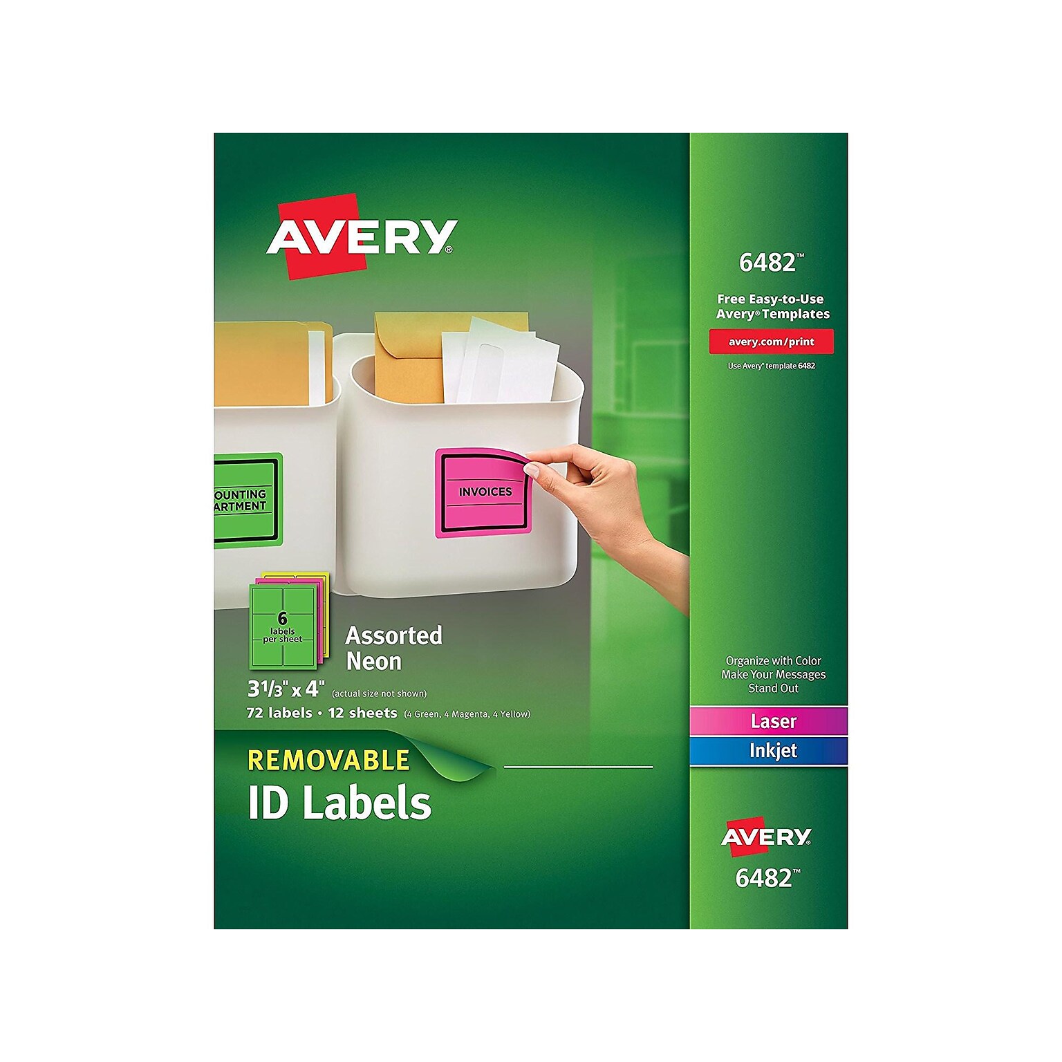 Avery Laser/Inkjet Identification Labels, 3 1/3 x 4, Assorted Neon Colors, 6/Sheet, 12 Sheets/Pack (6482)