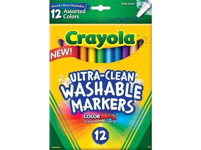 Crayola Ultra-Clean Washable Markers, Fine, Assorted Colors, 12/Box (58-7813)