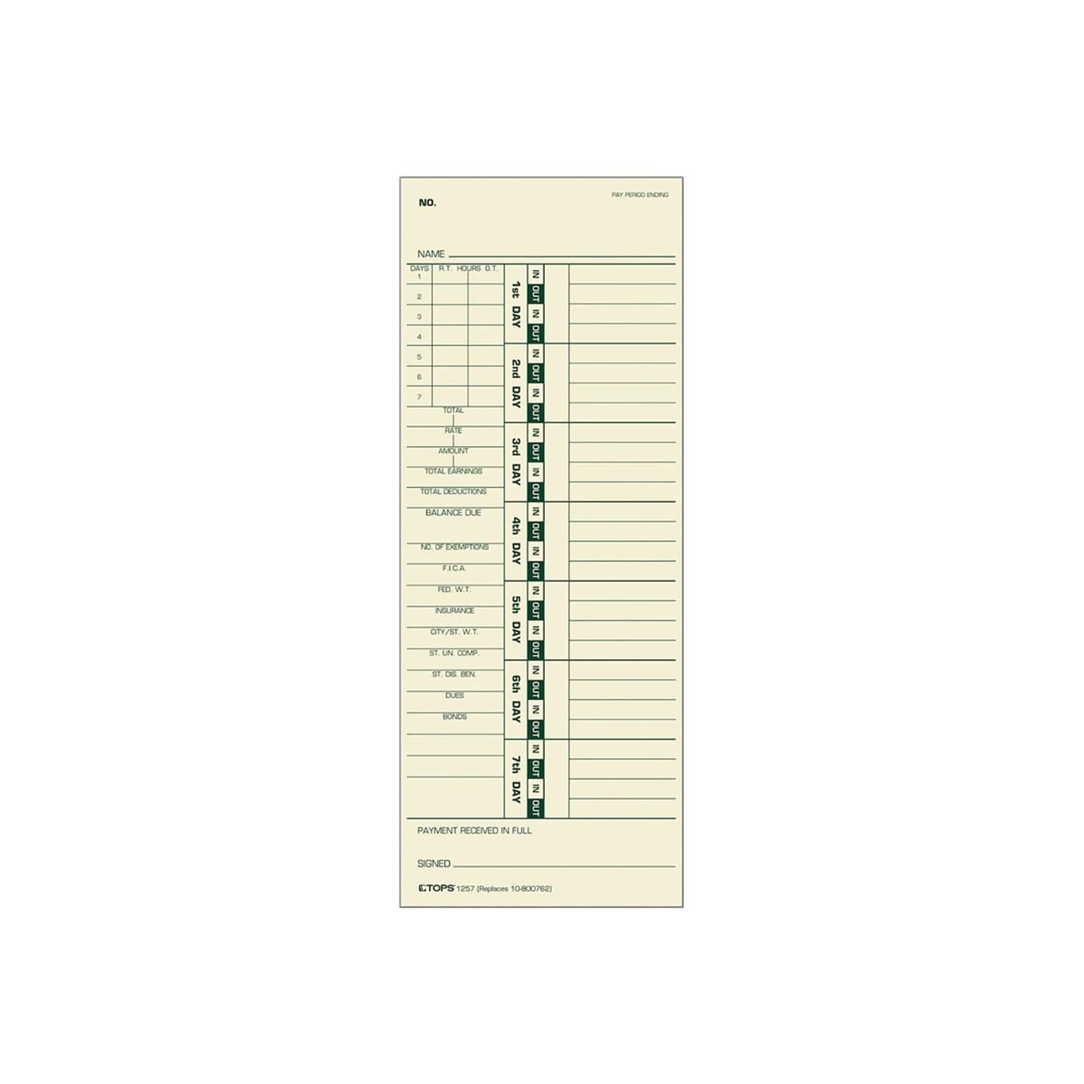 TOPS Time Cards for Acroprint 125, 150, 175, ES700, ES900, ESP180, Amano PIX/TCX, Lathem 900E, 1200, 500/Box (TOP 1257)