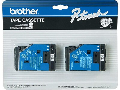 Brother P-touch TC-10 Laminated Label Maker Tape, 1/2" x 25-2/10', Black on Clear, 2/Pack (TC-10)