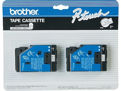 Brother P-touch TC-20 Laminated Label Maker Tape, 1/2 x 25-2/10, Black on White, 2/Pack (TC-20)