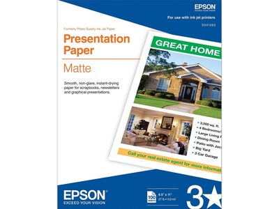 Epson Matte Presentation Paper, 8.5 x 11, 100 Sheets/Pack (S041062)