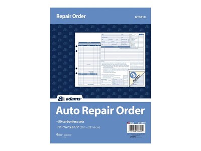 Adams 3-Part Carbonless Auto Repairs, 11.44L x 8.5W, 50 Sets/Book (GT3810)