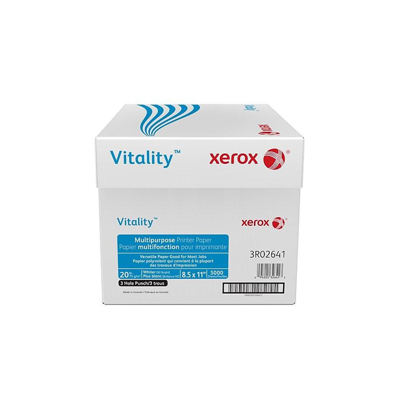 Xerox® Vitality® 8.5 x 11 3-Hole Punch Multipurpose Printer Paper, 20 lbs., 92 Brightness, 10 Reams/Carton (3R2641)