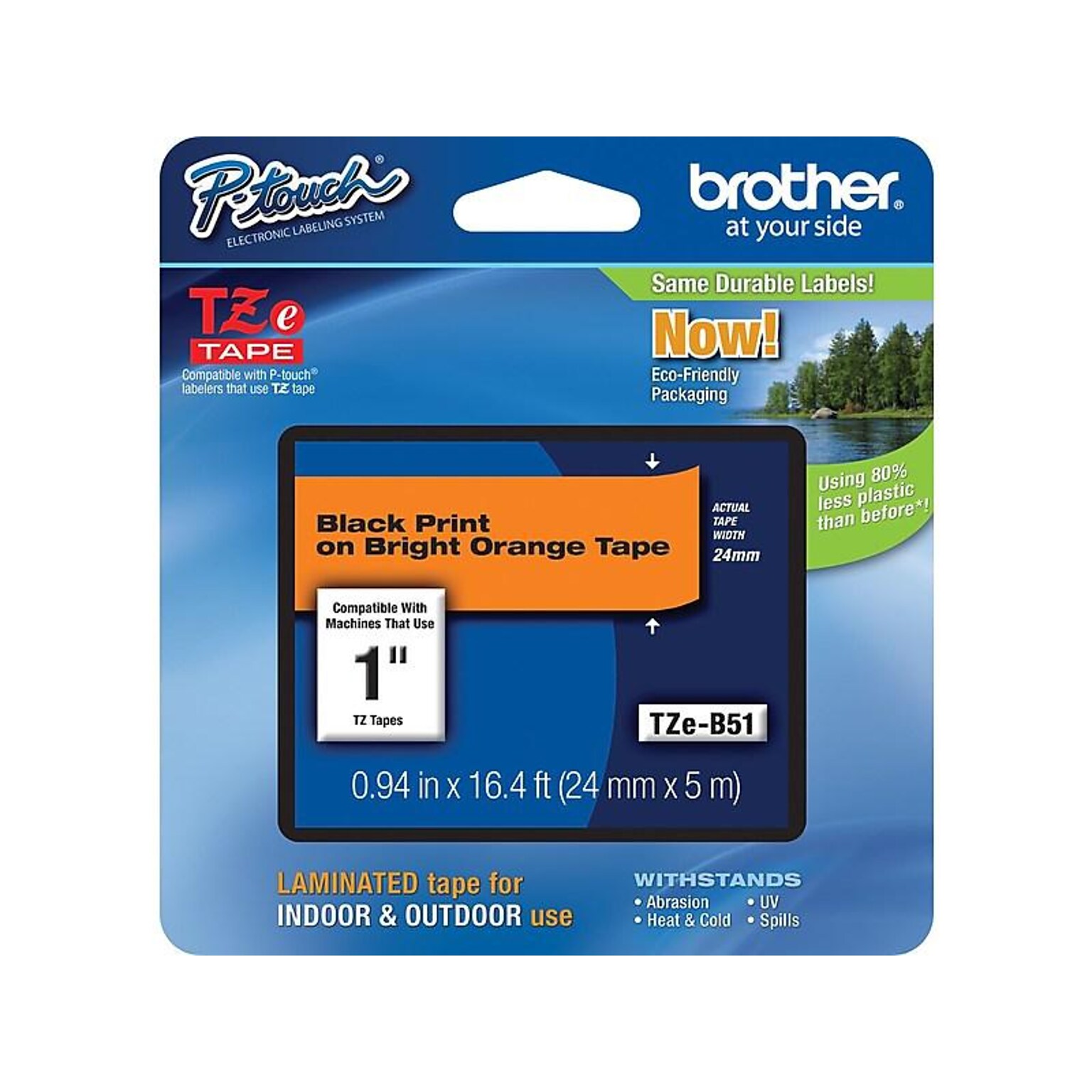 Brother P-touch TZe-B51 Laminated Label Maker Tape, 1 x 16-4/10, Black On Fluorescent Orange (TZe-B51)