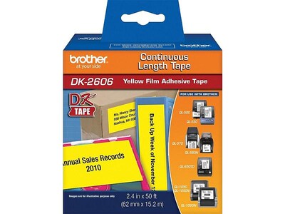 Brother DK-2606 Wide Width Continuous Film Labels, 2-4/10" x 50', Black on Yellow (DK-2606)