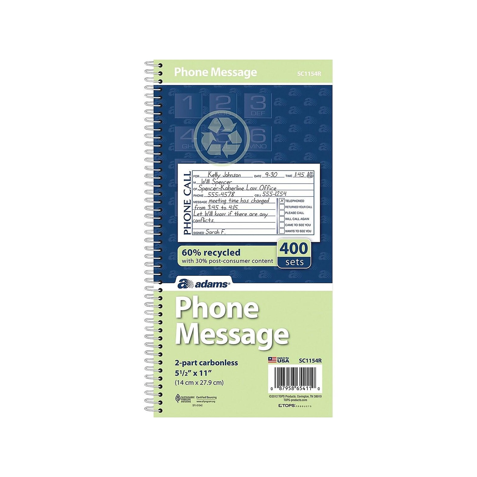 Adams Phone Message Pad, 5.5 x 11, Ruled, White, 100 Sheets/Pad (SC1154R)