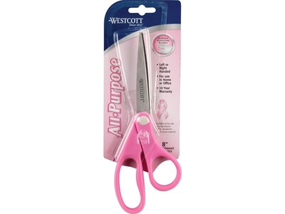 Westcott All Purpose Pink Ribbon 8" Stainless Steel Scissors, Pointed Tip, Pink (15387)