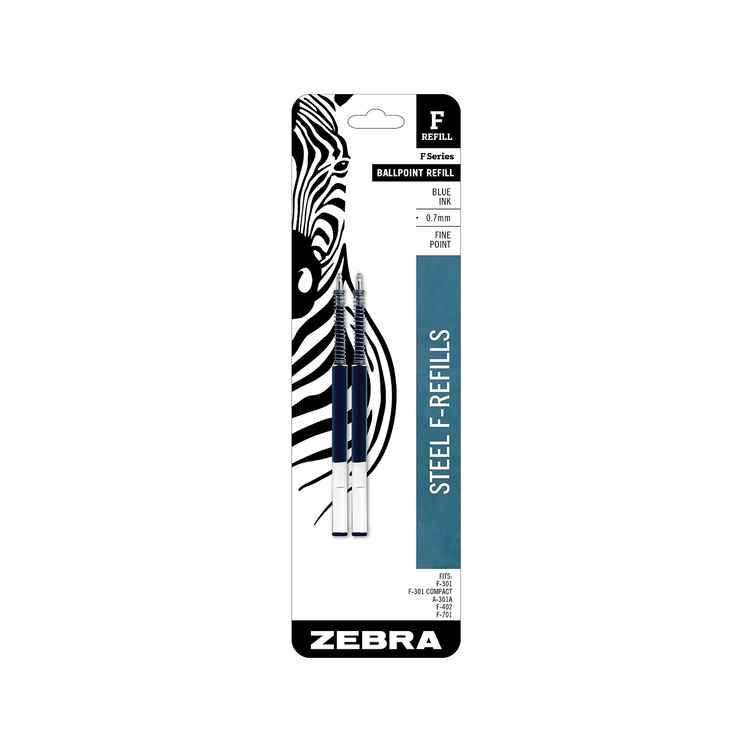 Zebra Steel F-Refill Ballpoint Pen Refill, Fine Point, Blue Ink, 2 Pack (85522)