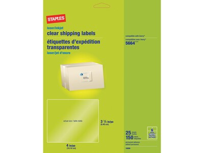 Staples® Laser/Inkjet Shipping Labels, 3 1/3 x 4, Clear, 6 Labels/Sheet, 25 Sheets/Pack, 150 Label