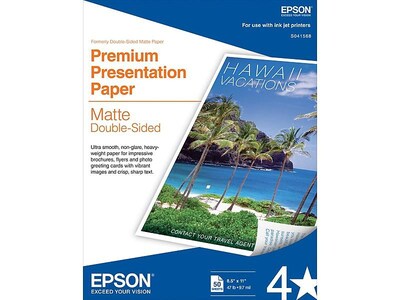 Epson Premium Matte Presentation Paper, 2-Sided, 8.5 x 11, 50 Sheets/Pack (S041568)