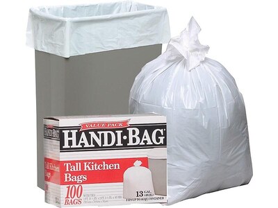 Berry Global Handi-Bag 13 Gallon Trash Bag, 23.75 x 28, Low Density, 0.6 mil, White, 100 Bags/Box