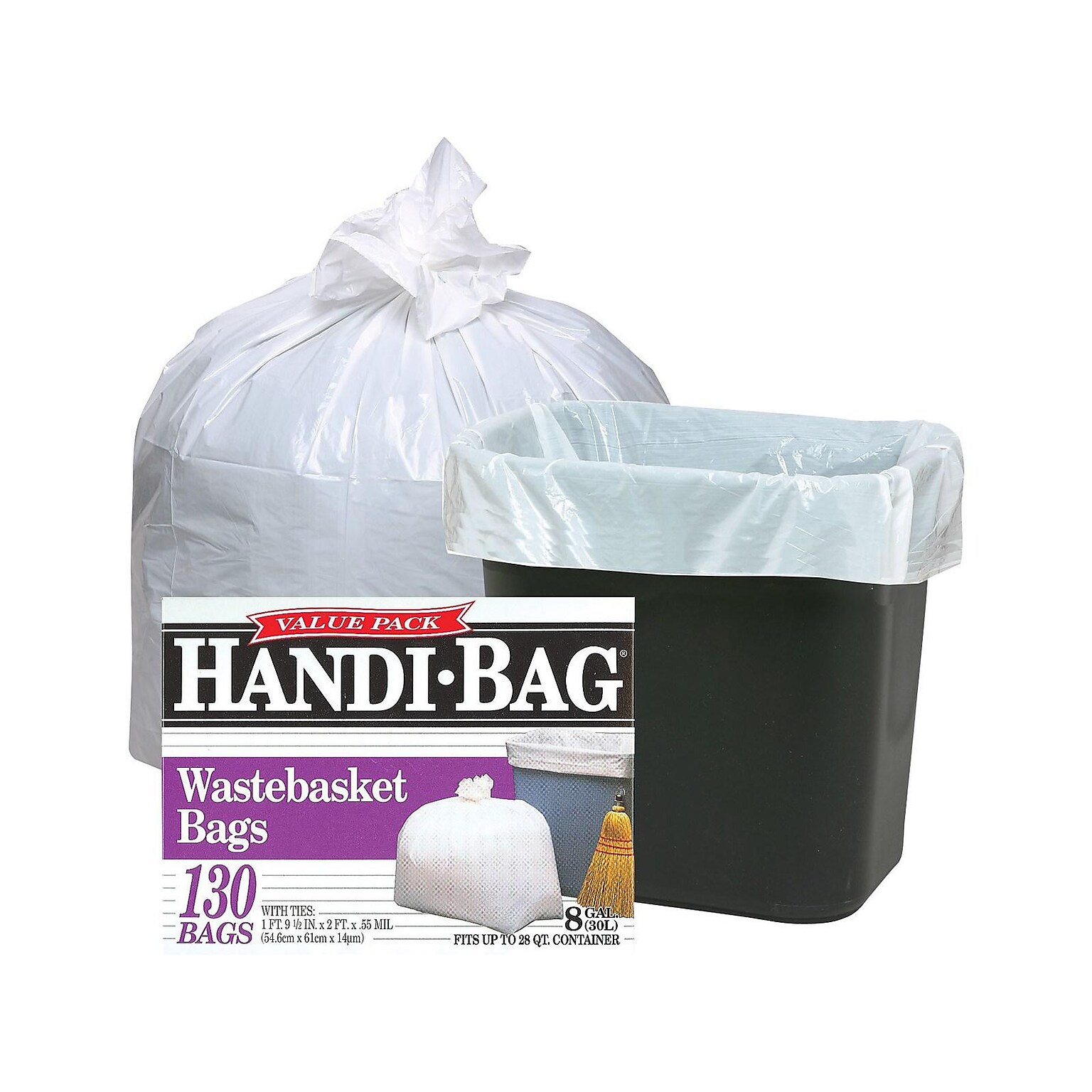 Berry Global Handi-Bag 8 Gallon Trash Bag, 22 x 24, Low Density, 0.6 mil, White, 130 Bags/Box (HAB6FW130/HAB6W)
