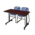 Regency Kobe 42 x 24 Mobile Training Table- Mahogany & 2 Zeng Stack Chairs- Blue [MKTRCC42MH44BE]