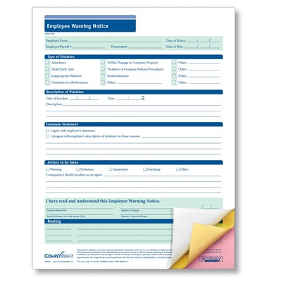 ComplyRight 3-Part Employee Warning Notice, Carbonless, Pack of 50 (A2191)