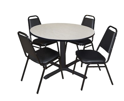 Regency Cain 48 Round Breakroom Table- Maple & 4 Restaurant Stack Chairs- Black