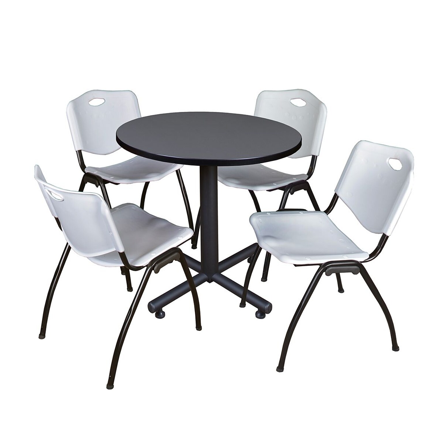 Regency Kobe 30 Round Breakroom Table- Grey & 4 M Stack Chairs- Grey