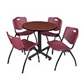 Regency Kobe 30 Round Breakroom Table- Cherry & 4 M Stack Chairs- Burgundy