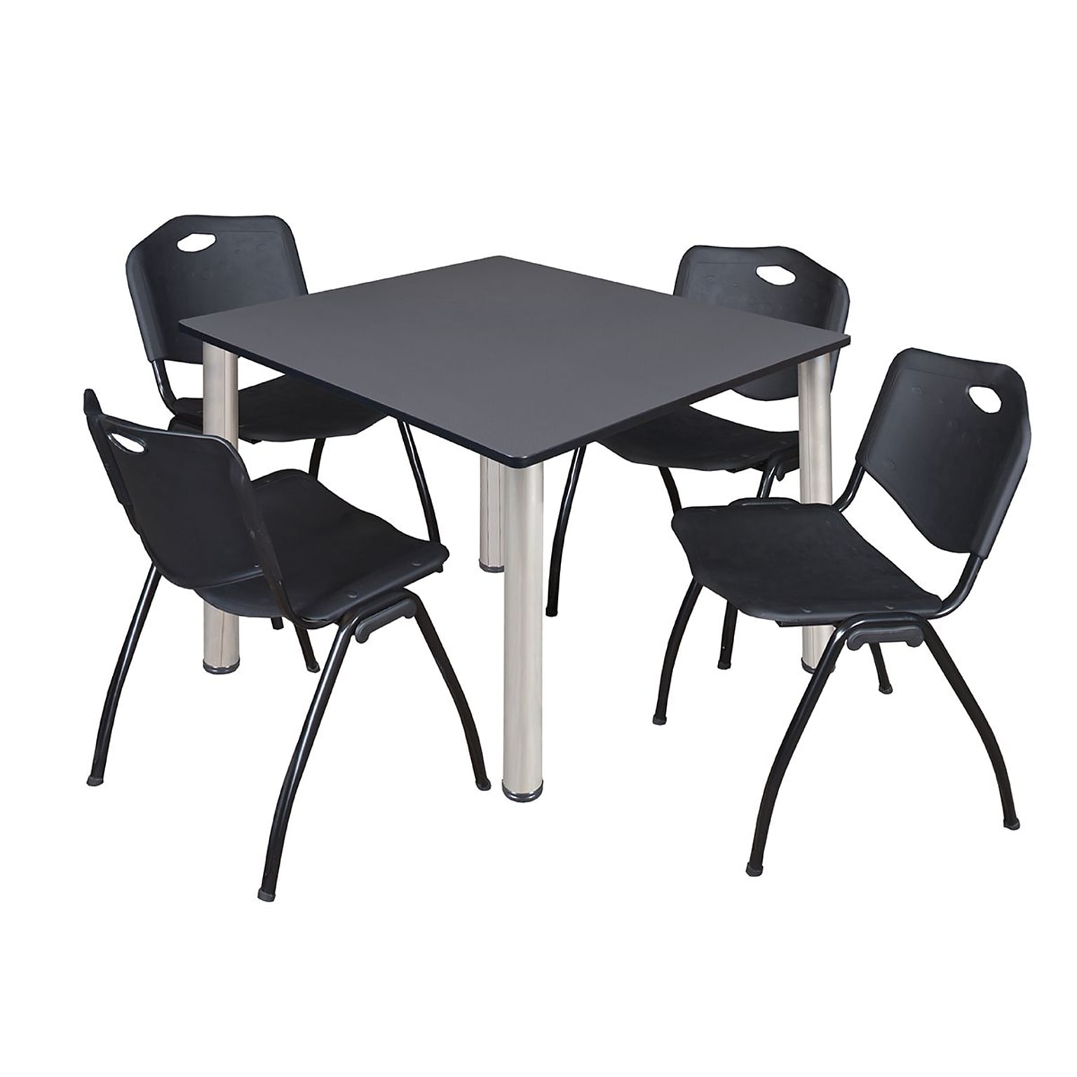 Regency Kee Square Breakroom Table & 4 M Stack Chairs, 48Wx48D, Gray/ Chrome/Black (TB4848GYBPCM47BK)