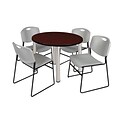 Regency Kee 42 Round Breakroom Table- Mahogany/ Chrome & 4 Zeng Stack Chairs- Grey