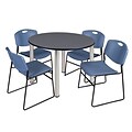 Regency Kee 48 Round Breakroom Table- Grey/ Chrome & 4 Zeng Stack Chairs- Blue
