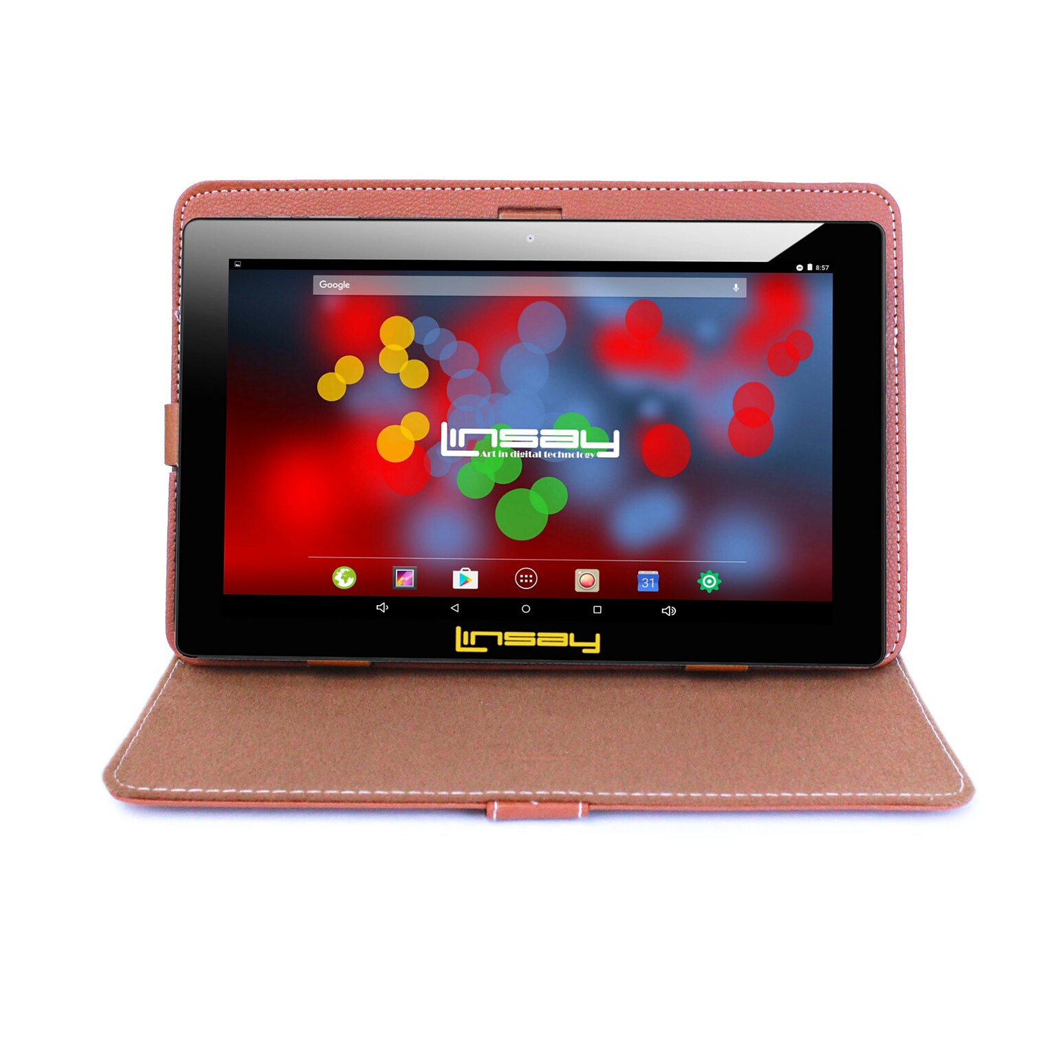 LINSAY F10 Series 10.1 Tablet, WiFi, 2GB RAM, 64GB Storage, Android 13, Black w/Brown Case (F10XIPSBCLBROWN)