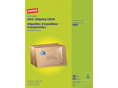 Staples® Laser/Inkjet Shipping Labels, 8-1/2" x 11", Clear, 1 Label/Sheet, 25 Sheets/Pack (18091-CC)